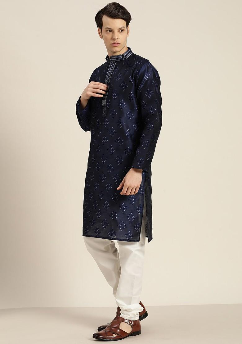Navy Blue Woven Poly Blend Kurta Set For Men