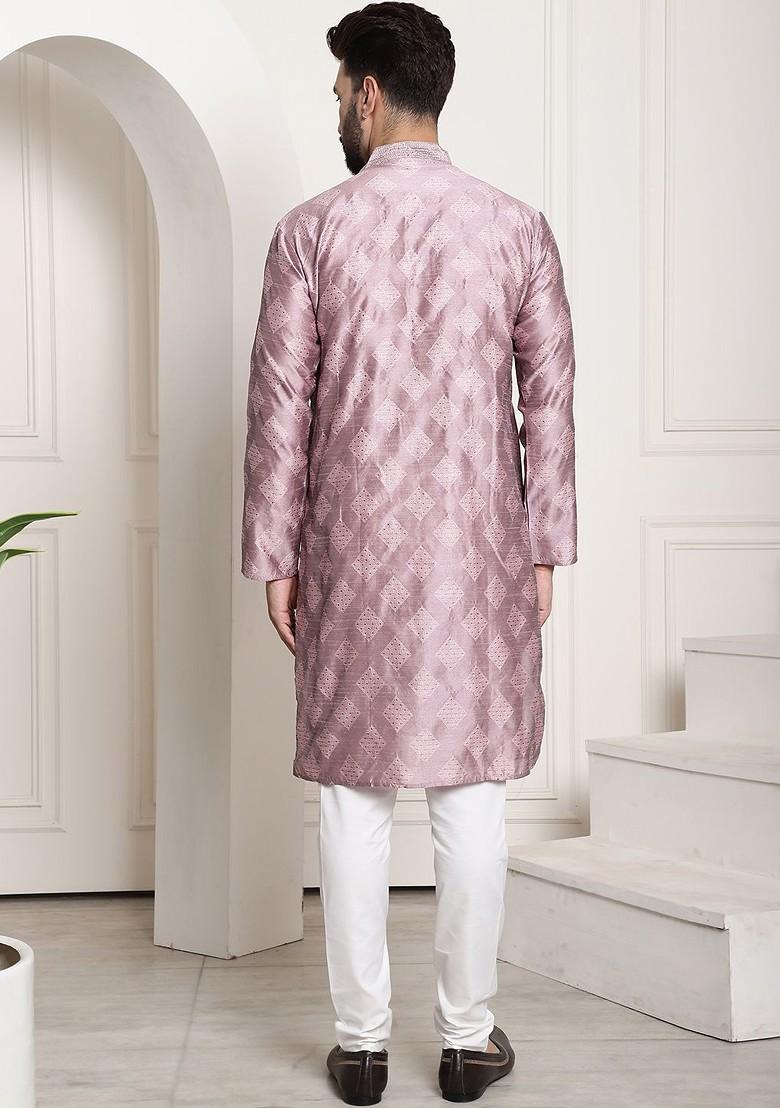 Purple Printed Poly Blend Kurta Set For Men