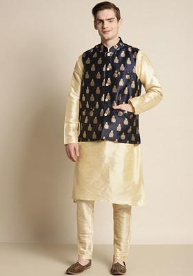 Gold Ethnic Motifs Poly Blend Kurta Set For Men