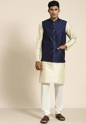 Cream Woven Poly Blend Kurta Set For Men