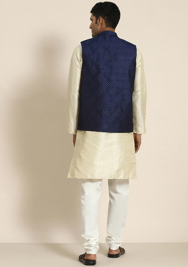 Cream Woven Poly Blend Kurta Set For Men
