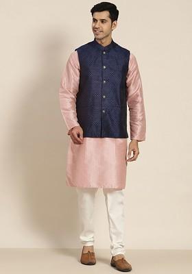 Pink Woven Poly Blend Kurta Set For Men