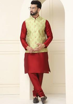Maroon Woven Poly Blend Kurta Set For Men