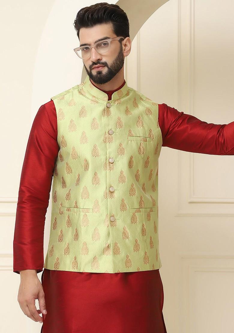 Maroon Woven Poly Blend Kurta Set For Men