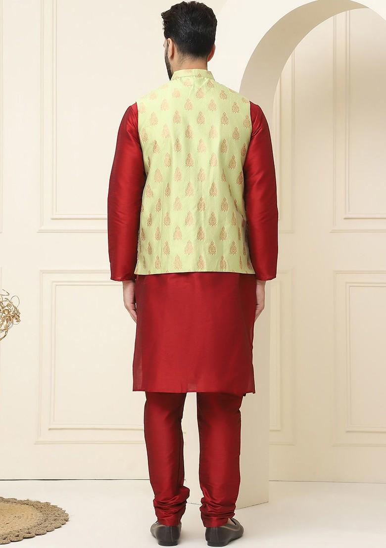 Maroon Woven Poly Blend Kurta Set For Men