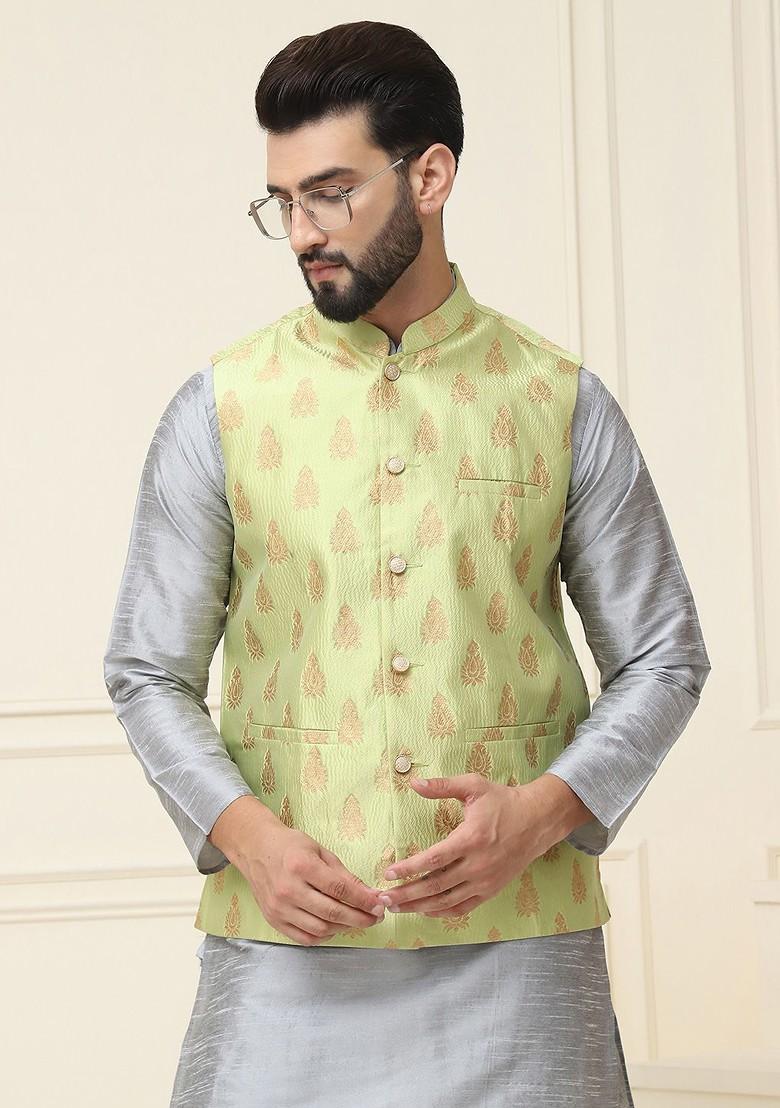 Grey Woven Poly Blend Kurta Set For Men