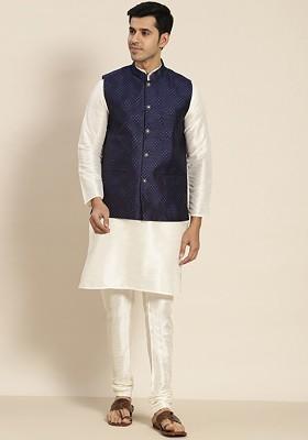 Cream Woven Poly Blend Kurta Set For Men
