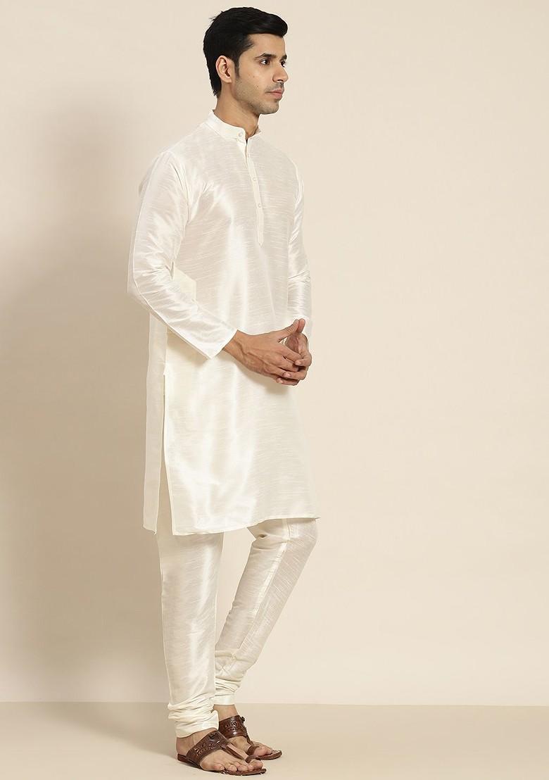 Cream Woven Poly Blend Kurta Set For Men