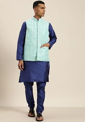 Blue Thread Work Poly Blend Kurta Set For Men