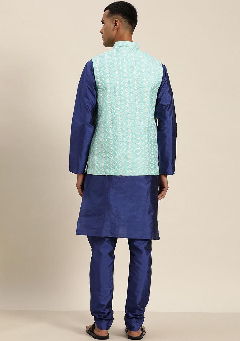 Blue Thread Work Poly Blend Kurta Set For Men