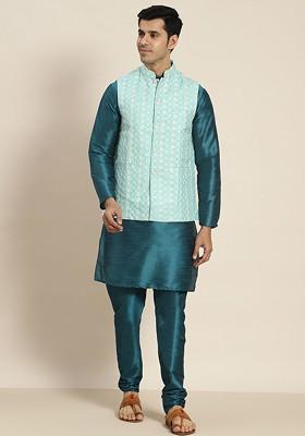 Teal Blue Embroidered Poly Blend Kurta Set For Men