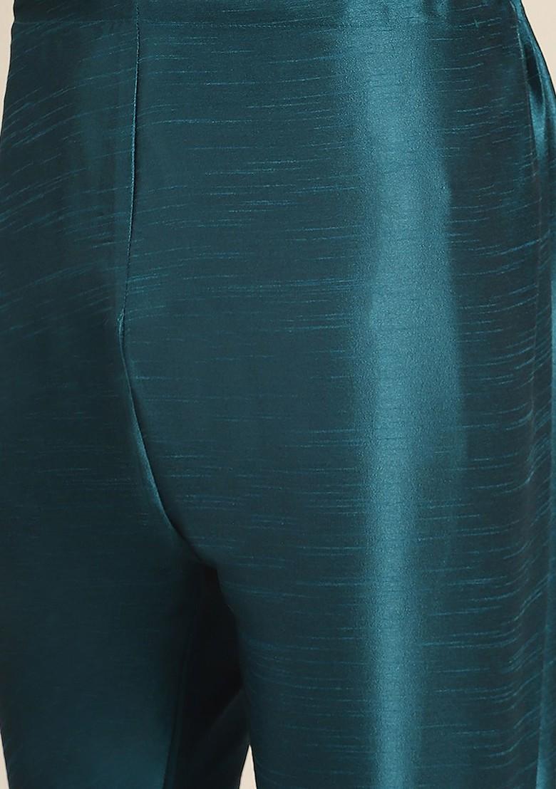 Teal Blue Embroidered Poly Blend Kurta Set For Men