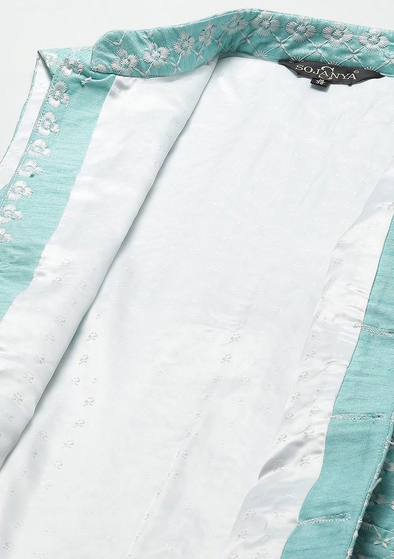 Teal Blue Embroidered Poly Blend Kurta Set For Men
