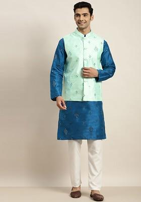 Blue Mirror Work Poly Blend Kurta Set For Men