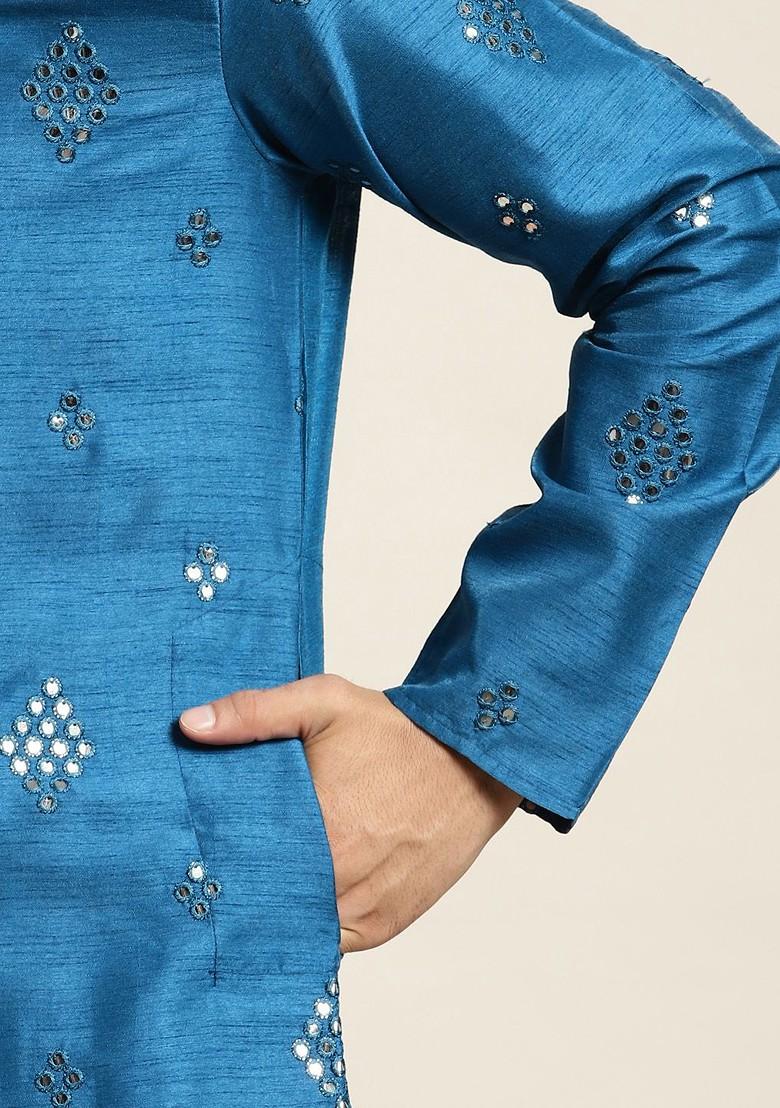 Blue Mirror Work Poly Blend Kurta Set For Men