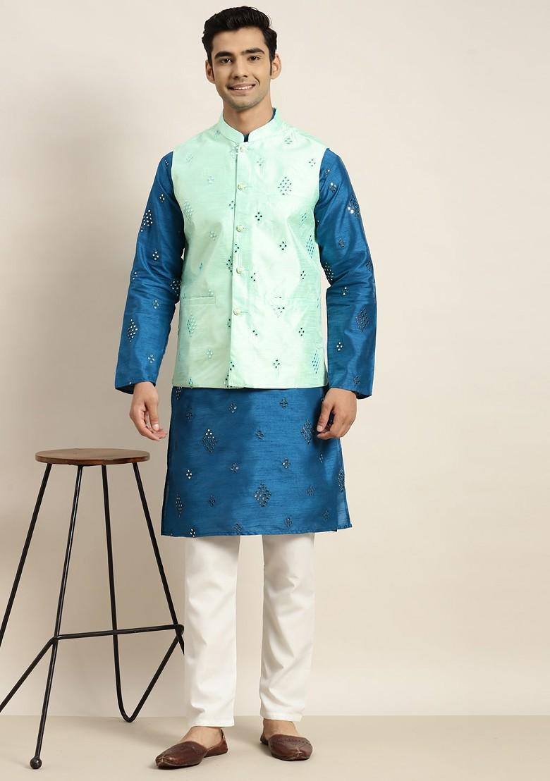 Blue Mirror Work Poly Blend Kurta Set For Men