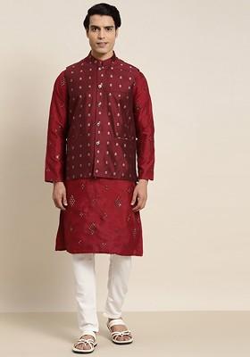 Maroon Embroidered Poly Blend Kurta Set For Men
