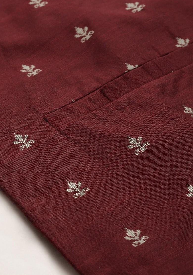 Maroon Embroidered Poly Blend Kurta Set For Men