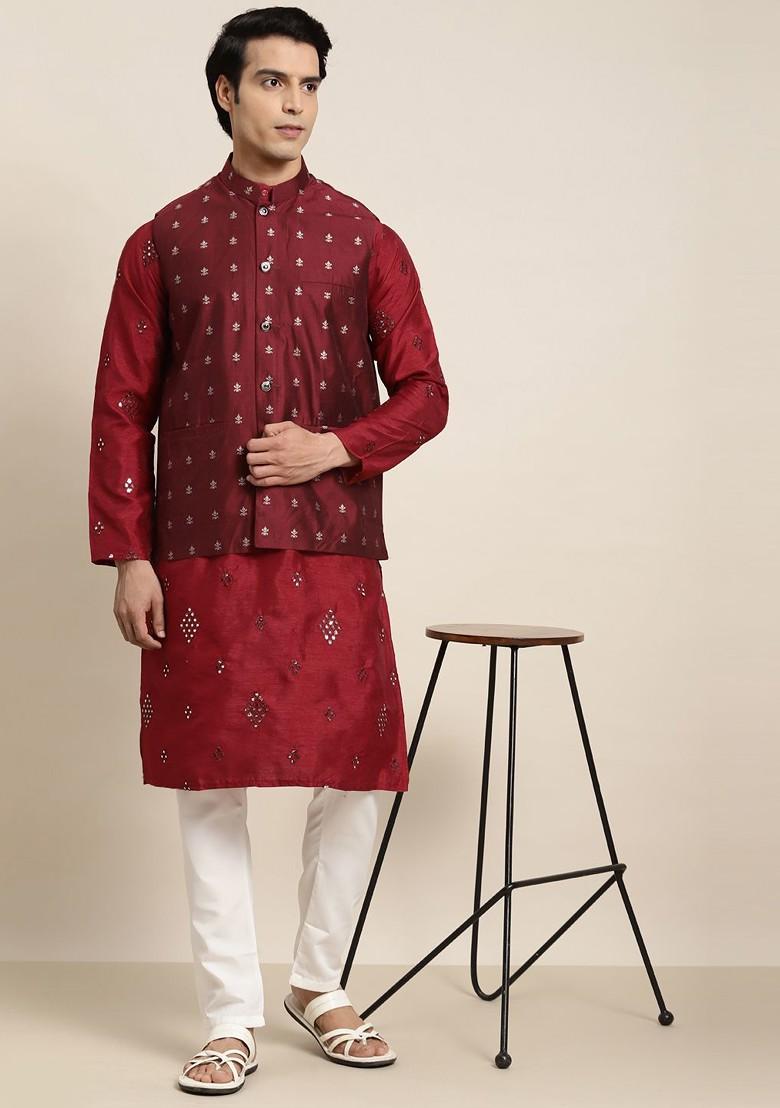 Maroon Embroidered Poly Blend Kurta Set For Men