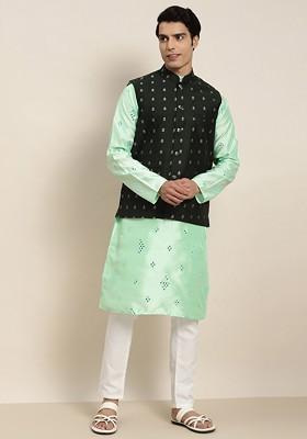 Sea Green Embroidered Poly Blend Kurta Set For Men