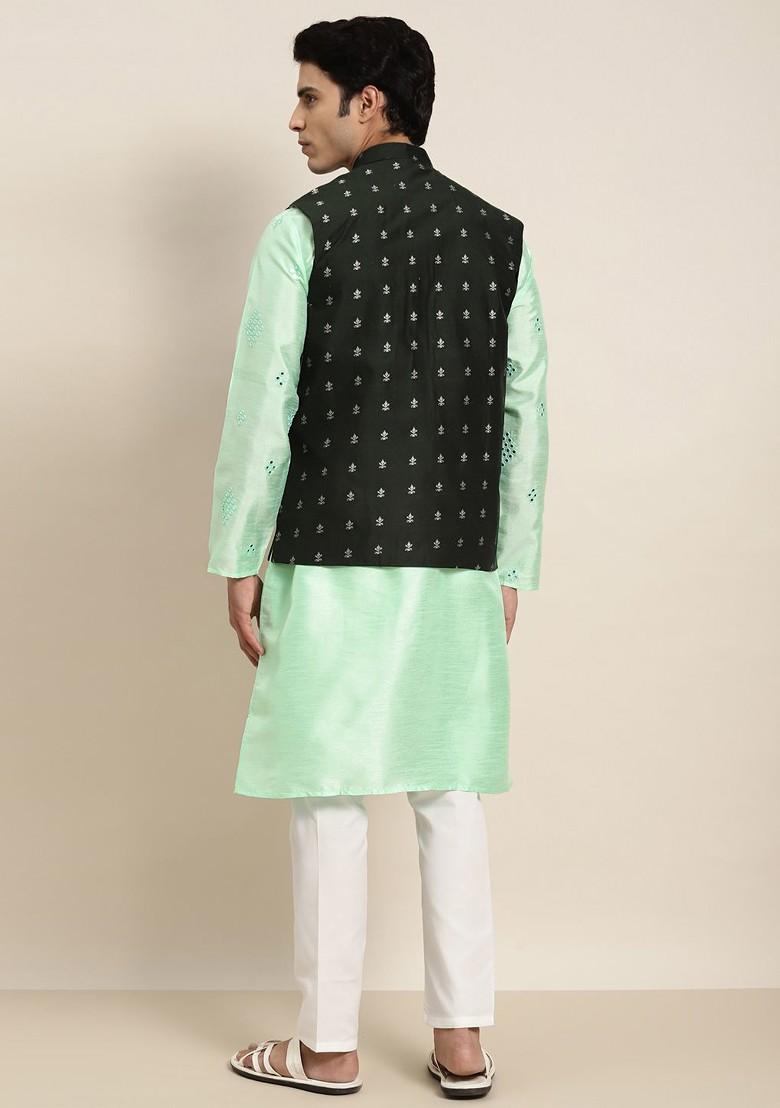 Sea Green Embroidered Poly Blend Kurta Set For Men