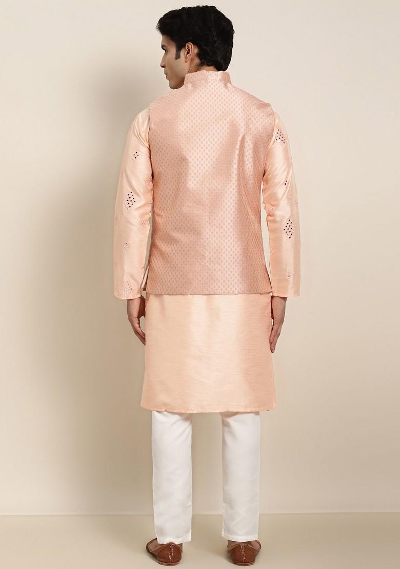 Peach Ethnic Motifs Poly Blend Kurta Set For Men