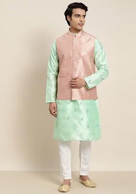 Sea Green Embroidered Poly Blend Kurta Set For Men
