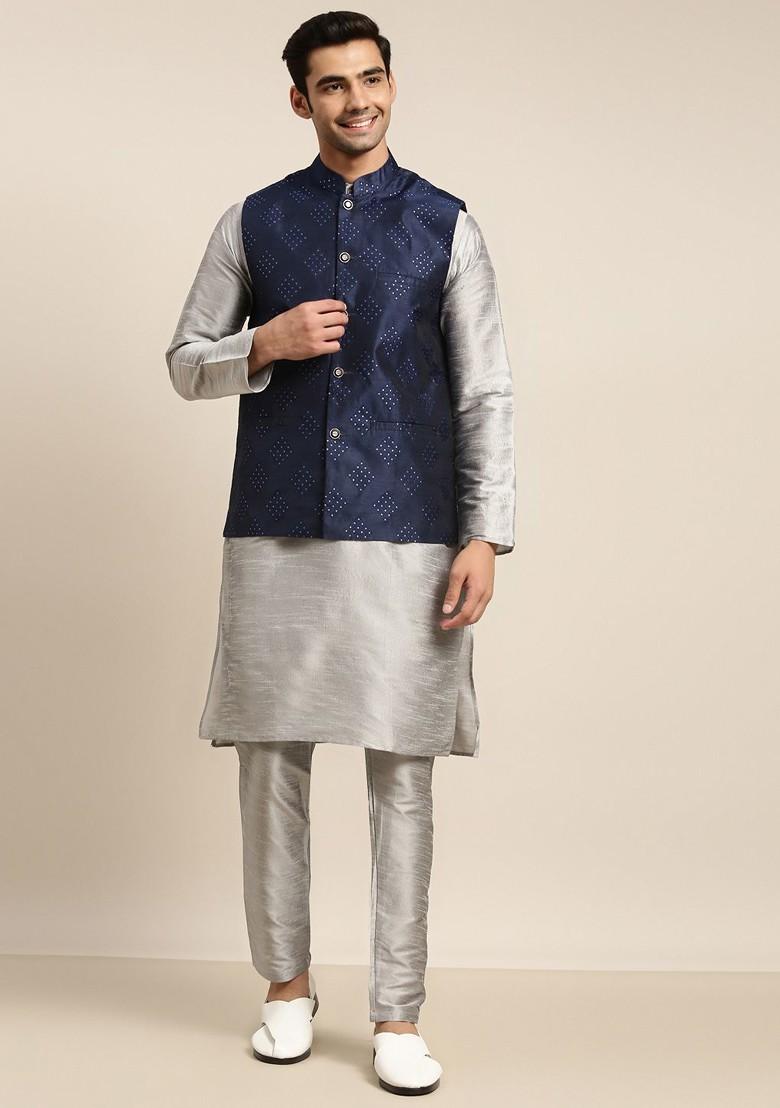 Grey Solid Poly Blend Kurta Set For Men