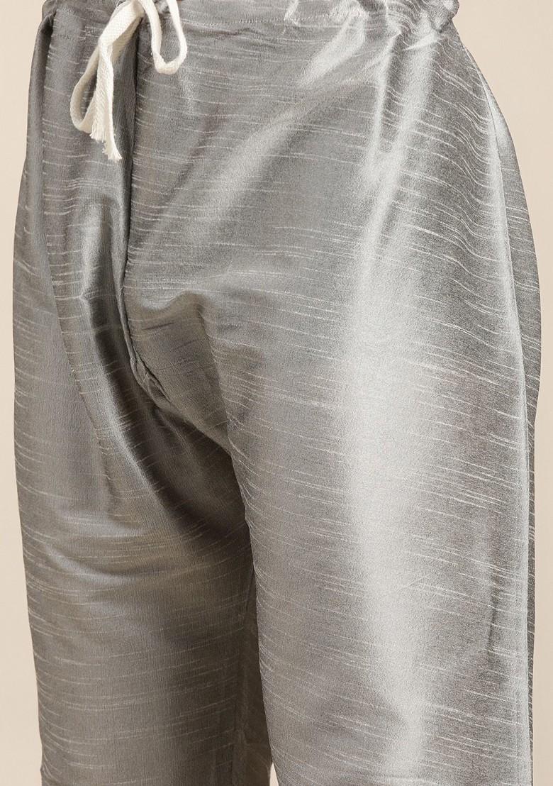 Grey Solid Poly Blend Kurta Set For Men