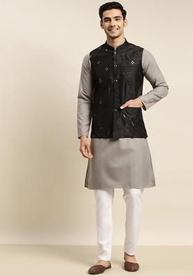 Grey Mirror Work Cotton Kurta Set For Men