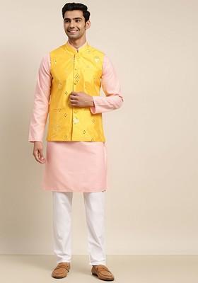 Pink Mirror Work Cotton Kurta Set For Men