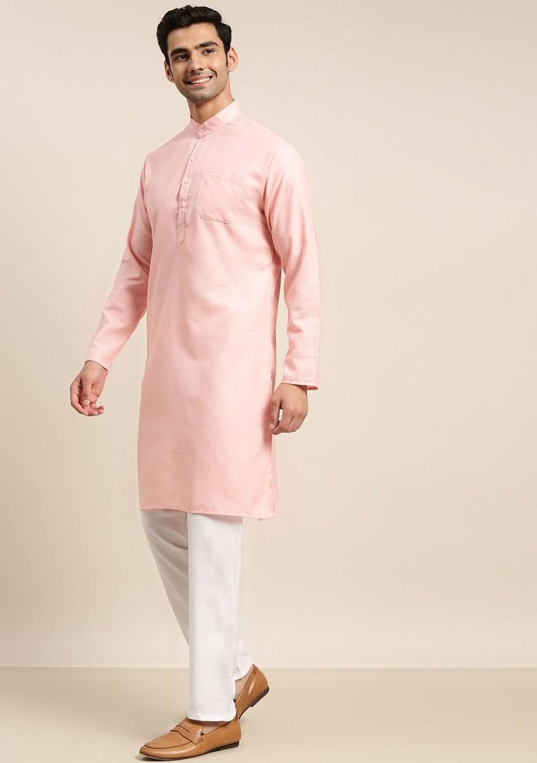 Pink Mirror Work Cotton Kurta Set For Men
