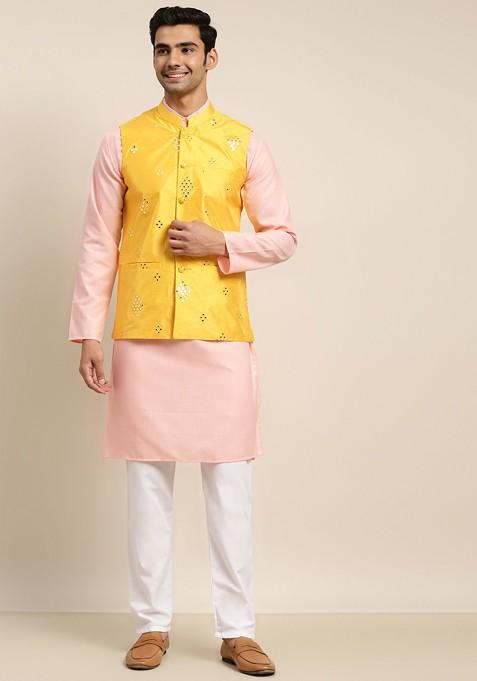 Pink Mirror Work Cotton Kurta Set For Men