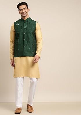 Gold Mirror Work Cotton Kurta Set For Men