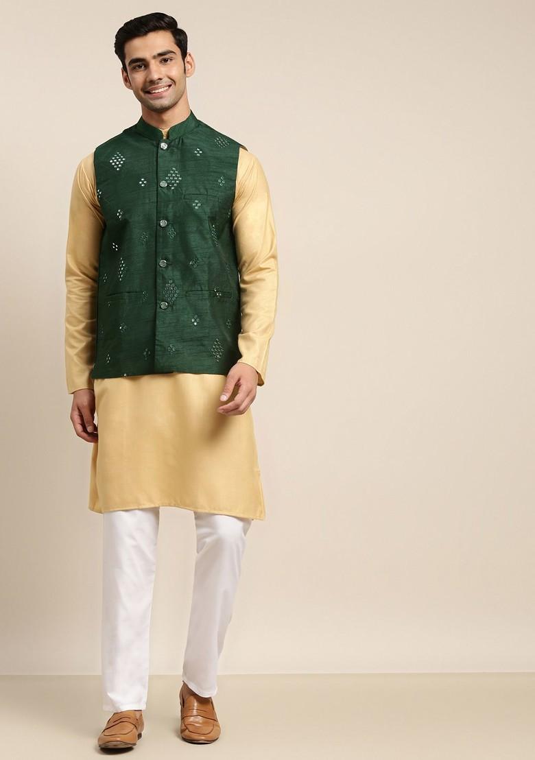 Gold Mirror Work Cotton Kurta Set For Men