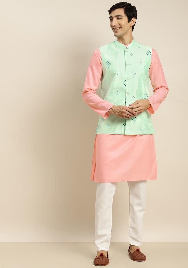 Pink Mirror Work Cotton Kurta Set For Men