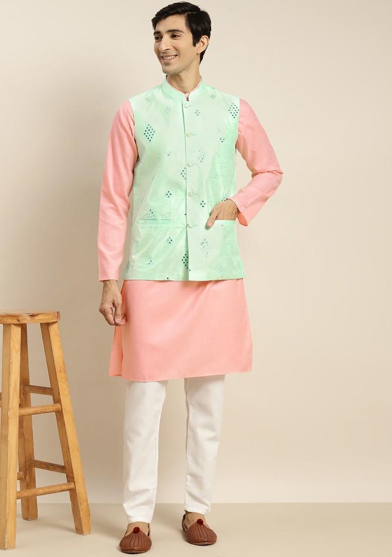 Pink Mirror Work Cotton Kurta Set For Men