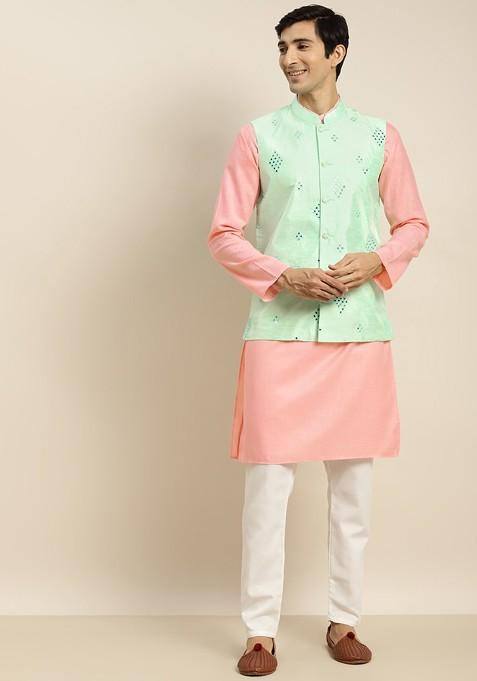 Pink Mirror Work Cotton Kurta Set For Men
