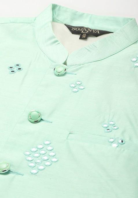 Pink Mirror Work Cotton Kurta Set For Men