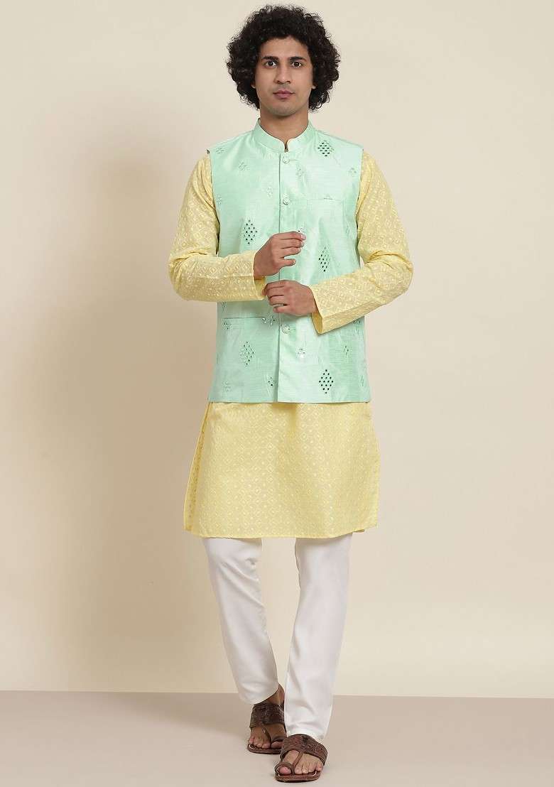 Yellow Solid Cotton Kurta Set For Men - Indya