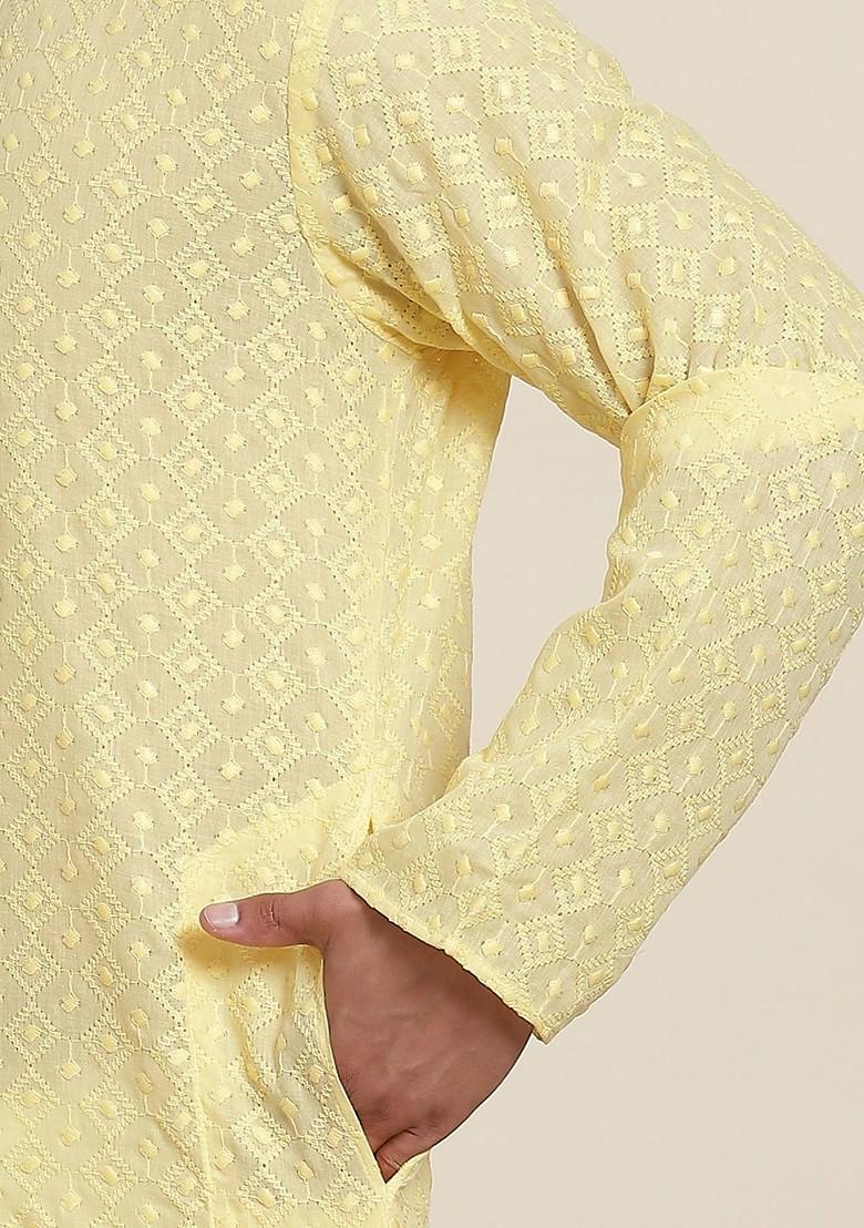 Yellow Solid Cotton Kurta Set For Men