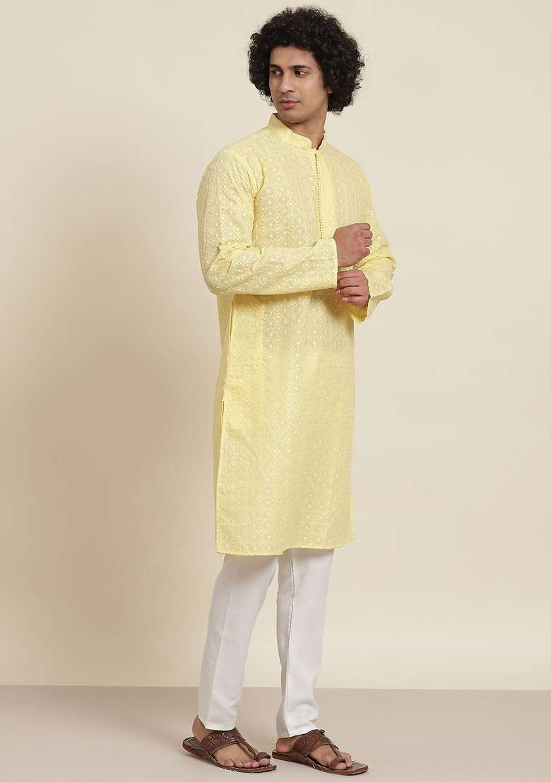 Yellow Solid Cotton Kurta Set For Men - Indya