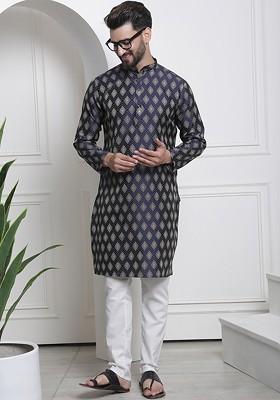 Navy Blue Woven Jacquard Kurta Set For Men