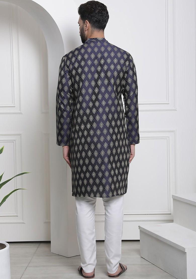 Navy Blue Woven Jacquard Kurta Set For Men