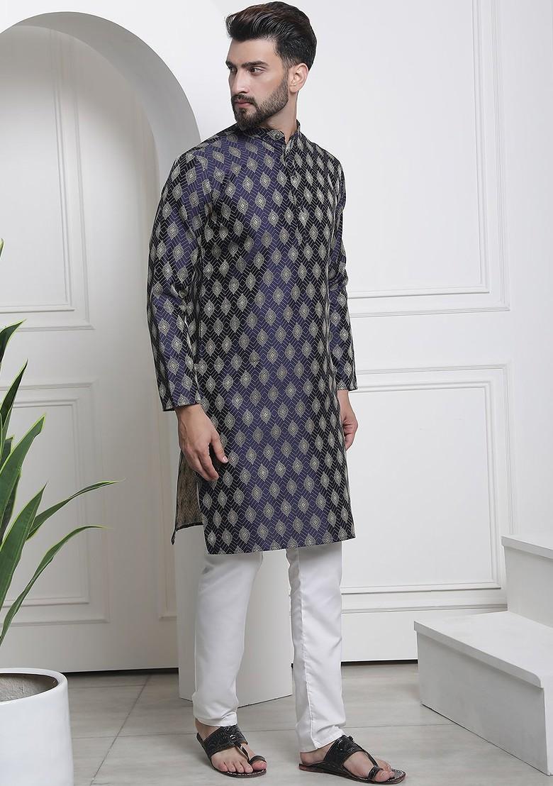 Navy Blue Woven Jacquard Kurta Set For Men