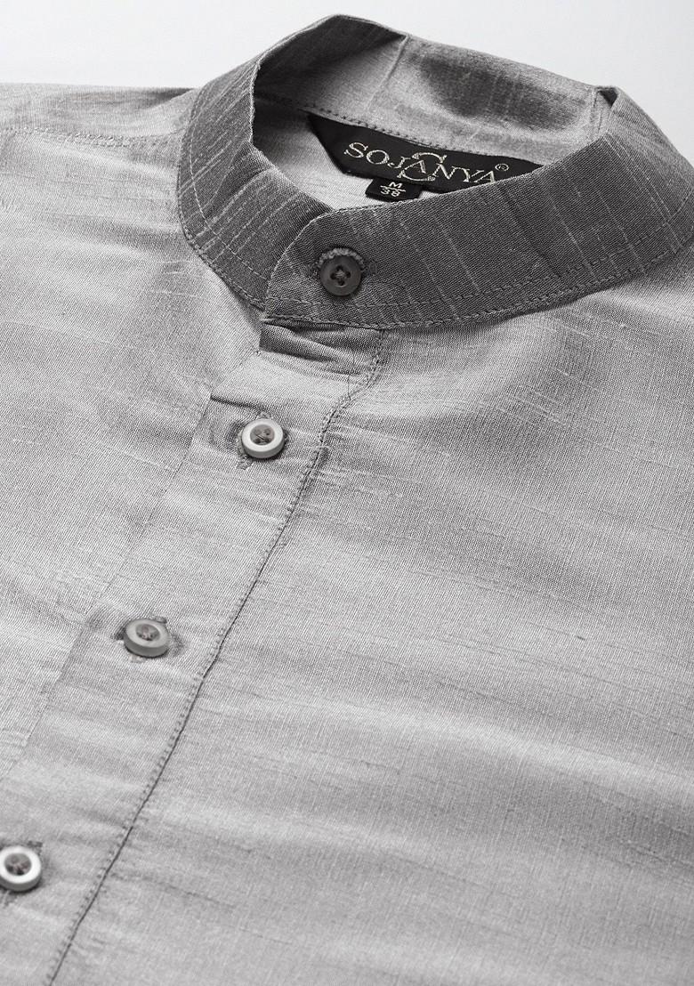 Grey Solid Poly Blend Kurta Set For Men