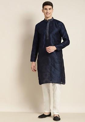 Navy Blue Thread Work Poly Blend Kurta Set For Men
