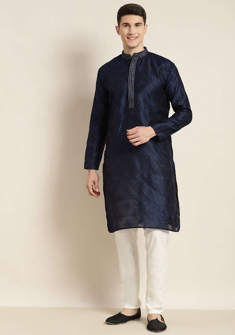 Navy Blue Thread Work Poly Blend Kurta Set For Men - Indya