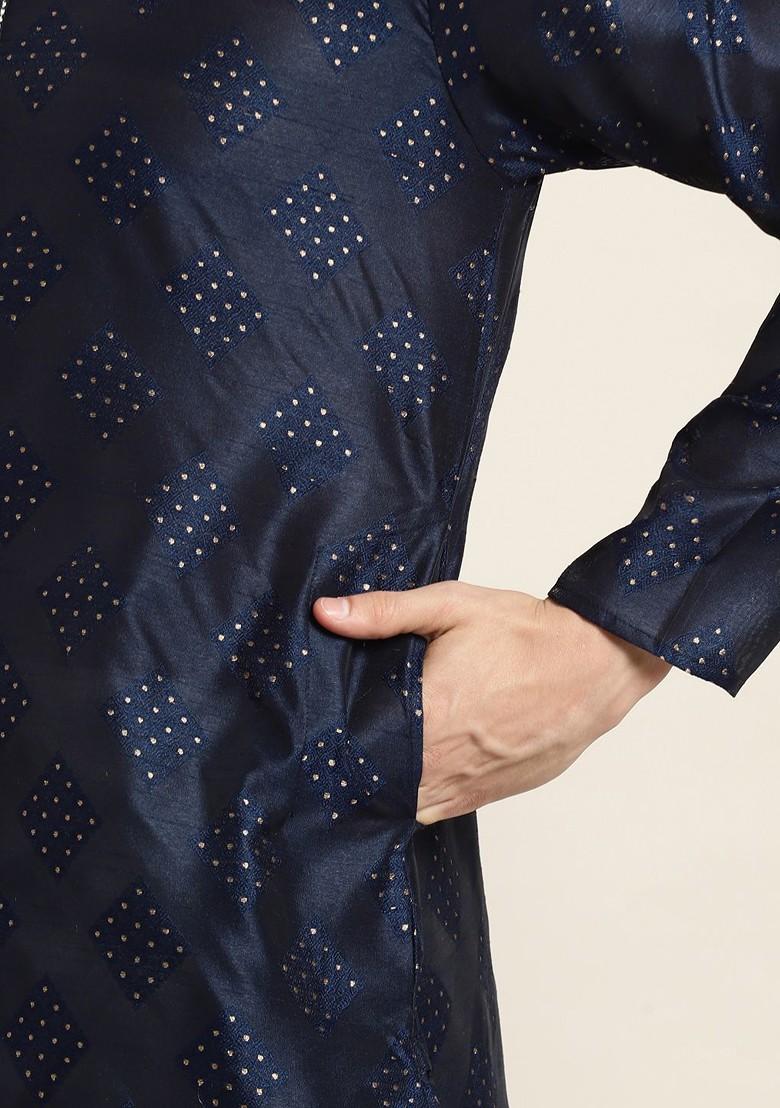 Navy Blue Thread Work Poly Blend Kurta Set For Men