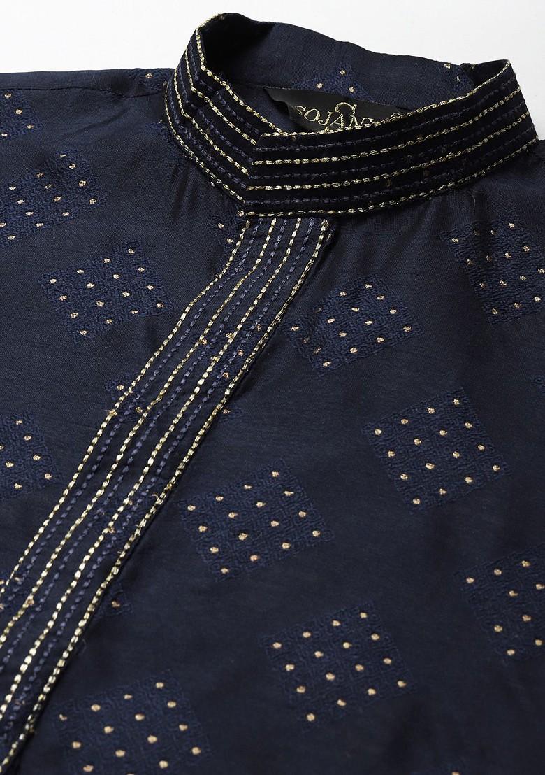 Navy Blue Thread Work Poly Blend Kurta Set For Men